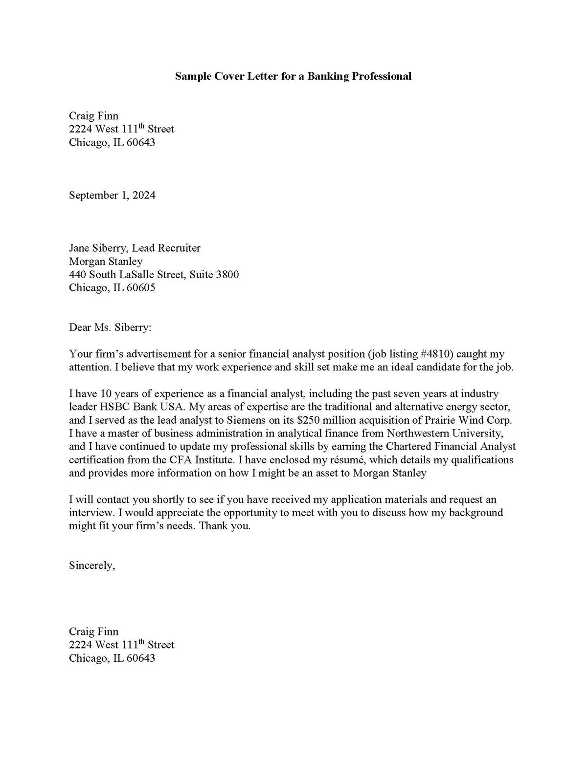 Sample cover letter: Banking, High Experience, Response to Ad